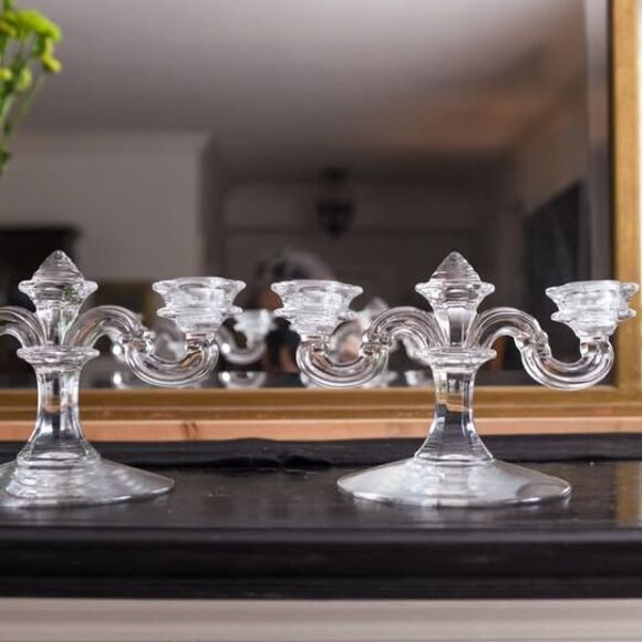 Vintage Fostoria Art Deco Double Light / Two Arm Clear Glass  Vtg Pair of Double Candle Holder Candelabras